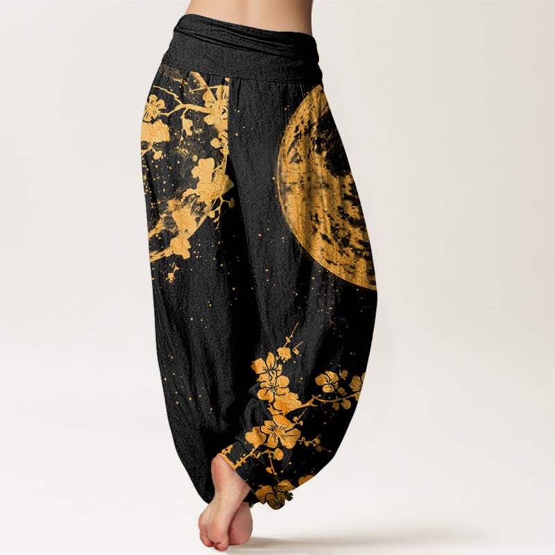 Pantaloni harem da donna con elastico in vita e motivo a luna piena con fiori di prugna dorati Buddha Stones - image 2
