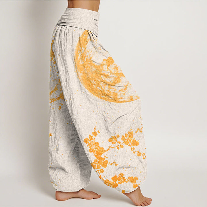 Pantaloni harem da donna con elastico in vita e motivo a luna piena con fiori di prugna dorati Buddha Stones - image 10
