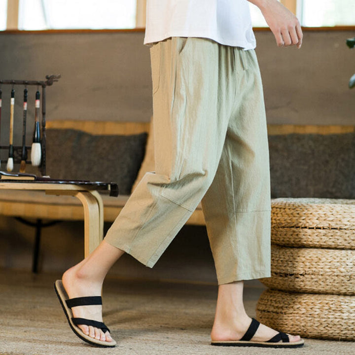 Pantaloni harem da uomo in lino e cotone con coulisse, tinta unita, con tasche e design semplice Buddha Stones - image 4