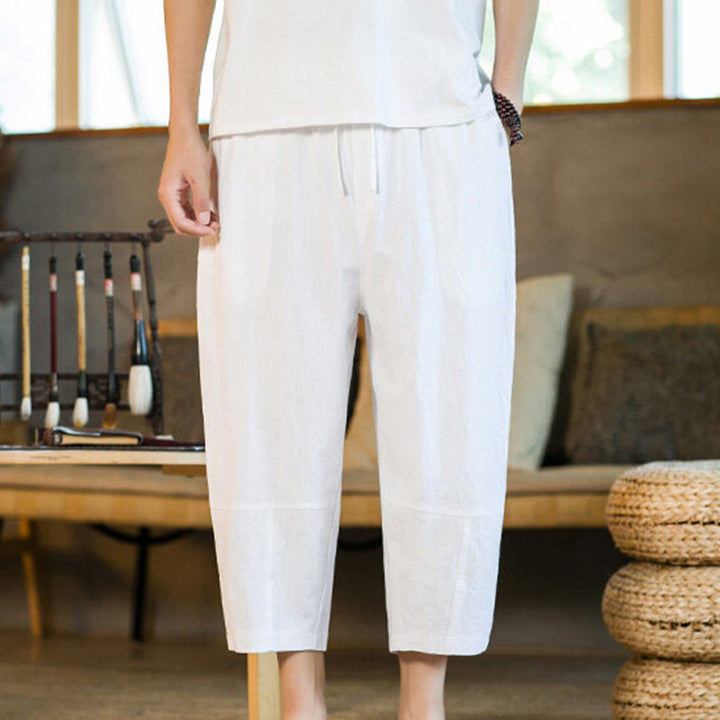 Pantaloni harem da uomo in lino e cotone con coulisse, tinta unita, con tasche e design semplice Buddha Stones - Bianco - US/UK/AU46, EU56 (5XL) - image 19