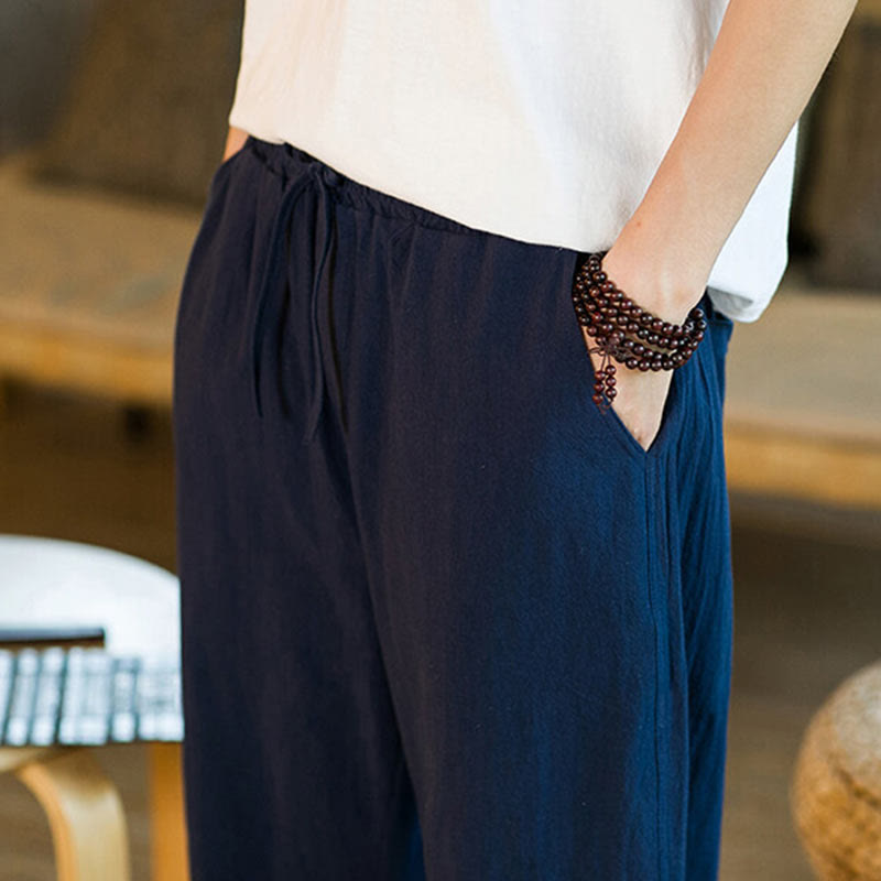 Pantaloni harem da uomo in lino e cotone con coulisse, tinta unita, con tasche e design semplice Buddha Stones - image 36