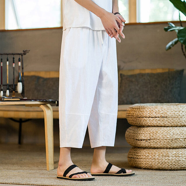 Pantaloni harem da uomo in lino e cotone con coulisse, tinta unita, con tasche e design semplice Buddha Stones - image 25