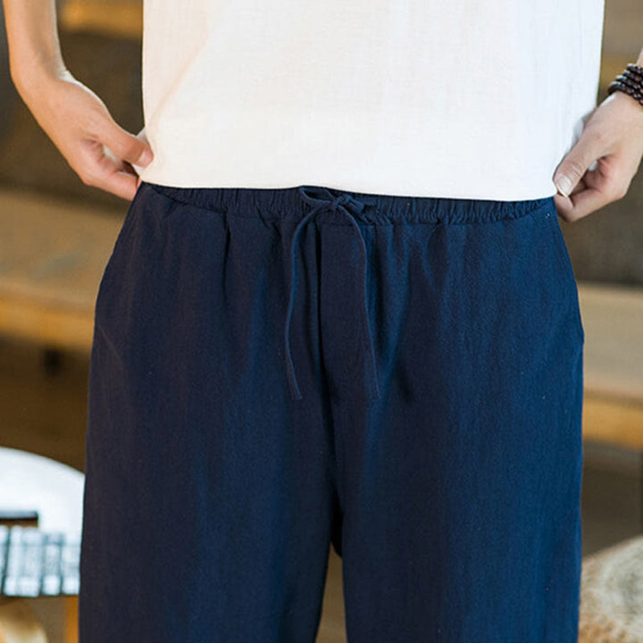 Pantaloni harem da uomo in lino e cotone con coulisse, tinta unita, con tasche e design semplice Buddha Stones - image 37