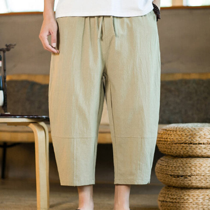 Pantaloni harem da uomo in lino e cotone con coulisse, tinta unita, con tasche e design semplice Buddha Stones - image 5