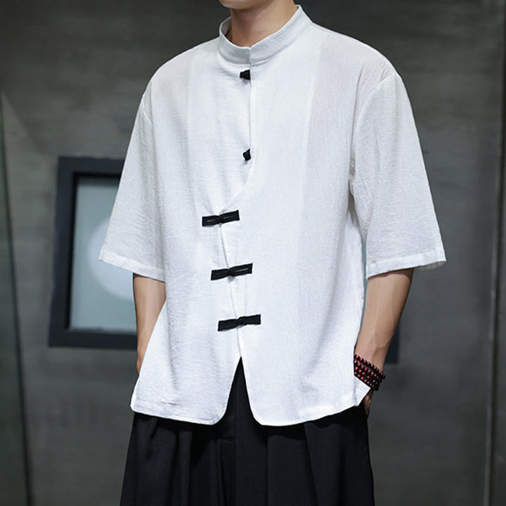 Camicia da uomo in cotone e lino con maniche corte, colletto rialzato, bottoni cinesi e motivo Buddha Stones - image 9