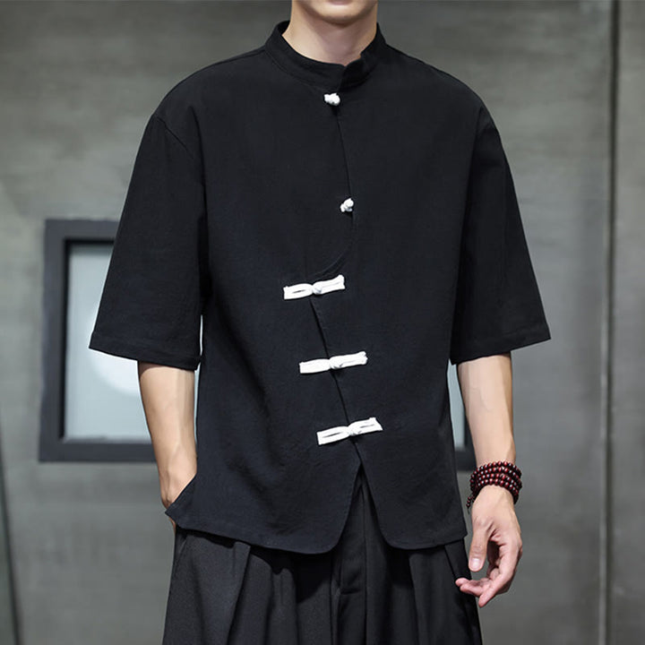 Camicia da uomo in cotone e lino con maniche corte, colletto rialzato, bottoni cinesi e motivo Buddha Stones - image 6