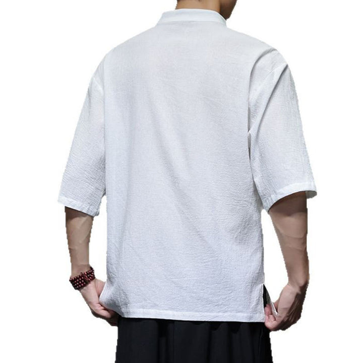 Camicia da uomo in cotone e lino con maniche corte, colletto rialzato, bottoni cinesi e motivo Buddha Stones - image 14