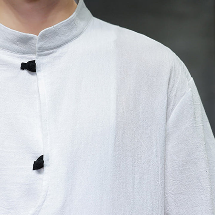 Camicia da uomo in cotone e lino con maniche corte, colletto rialzato, bottoni cinesi e motivo Buddha Stones - image 11
