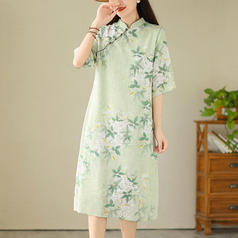 Abito midi cinese in cotone e lino jacquard floreale con Buddha Stones , cheongsam, qipao, maniche corte, tasche - Verde pallido - US8-10, UK/AU12-14, EU40-42 (2XL) - image 0