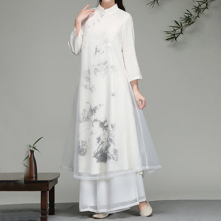 Abito midi in chiffon a maniche lunghe con motivo a rana cinese Buddha Stones
