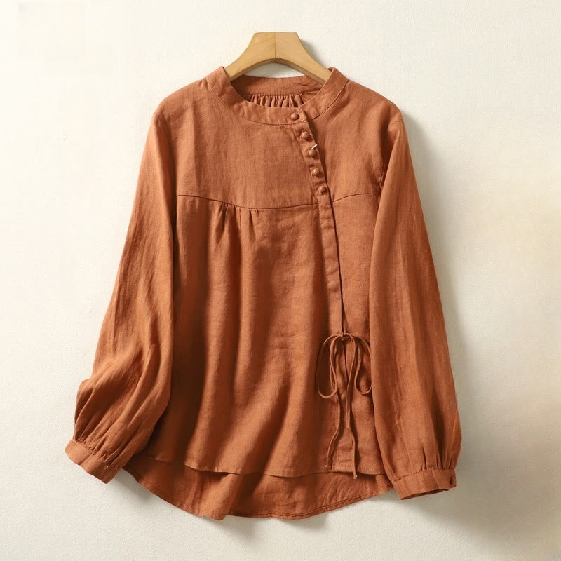 Camicia da donna in lino e cotone a maniche lunghe con colletto alto, tinta unita e casual, modello Buddha Stones - image 2