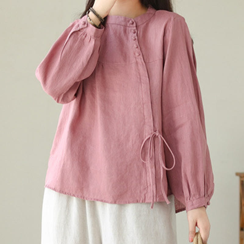 Camicia da donna in lino e cotone a maniche lunghe con colletto alto, tinta unita e casual, modello Buddha Stones - image 26