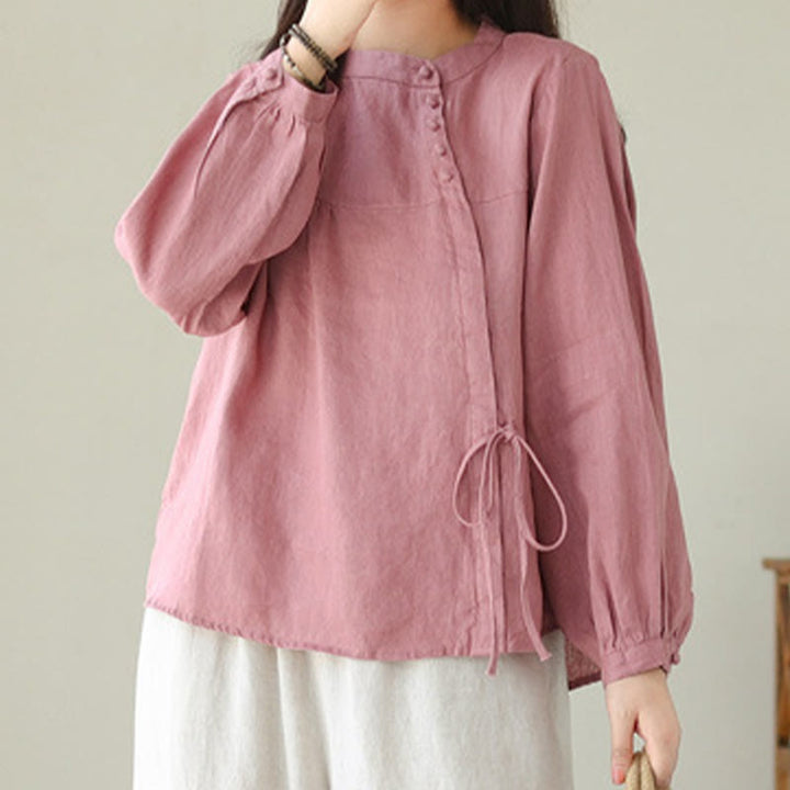 Camicia da donna in lino e cotone a maniche lunghe con colletto alto, tinta unita e casual, modello Buddha Stones - image 26