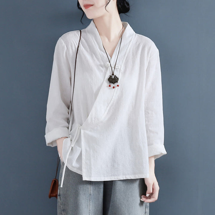 Camicia da donna in cotone e lino Zen, casual, a maniche lunghe, tinta unita, con bottoni e rana, motivo Buddha Stones - Bianco - US8-10, UK/AU12-14, EU40-42 (2XL) - image 0