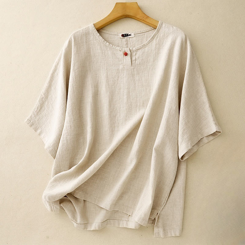 T-shirt casual da donna in cotone e lino con maniche corte e scollo a giro, motivo Buddha Stones, tinta unita