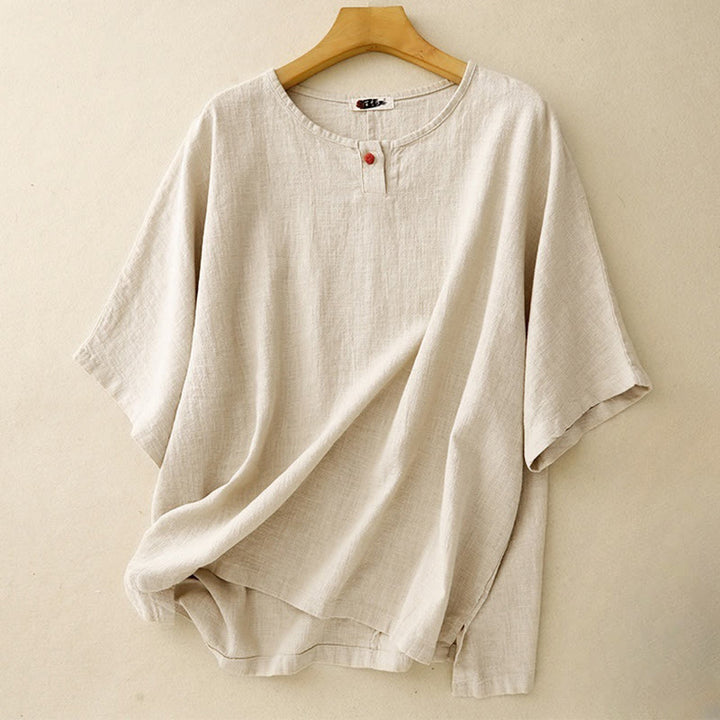 T-shirt casual da donna in cotone e lino con maniche corte e scollo a giro, motivo Buddha Stones, tinta unita