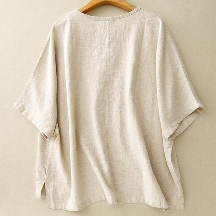 T-shirt casual da donna in cotone e lino con maniche corte e scollo a giro, motivo Buddha Stones, tinta unita