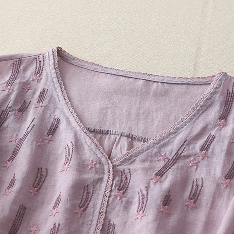 Camicia da donna in lino e cotone a mezza manica con scollo a V, ricamo a stella cadente Buddha Stones