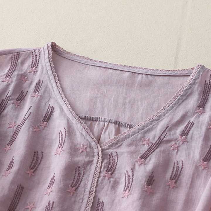 Camicia da donna in lino e cotone a mezza manica con scollo a V, ricamo a stella cadente Buddha Stones
