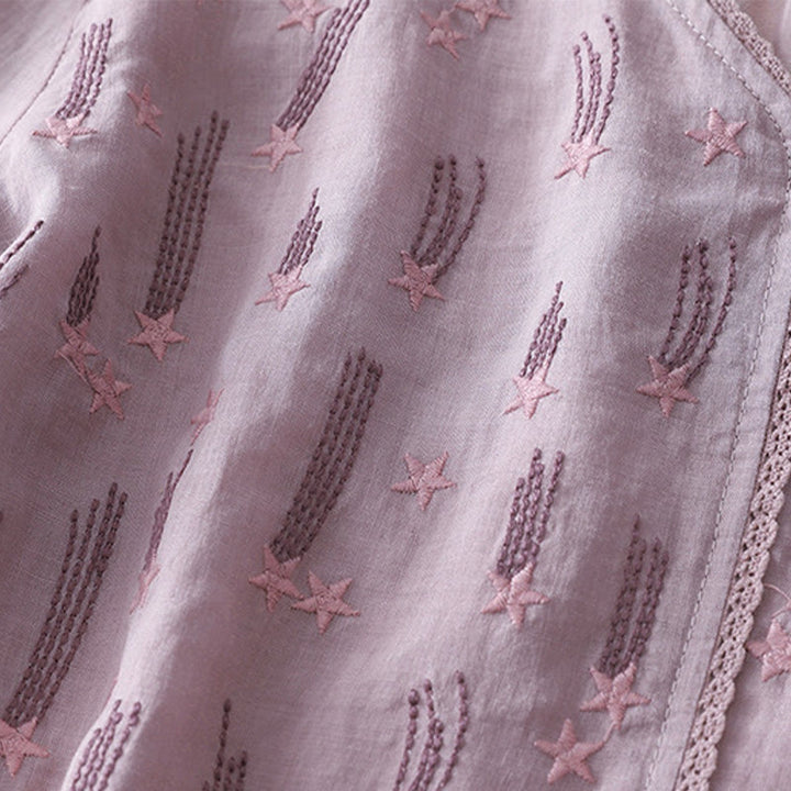 Camicia da donna in lino e cotone a mezza manica con scollo a V, ricamo a stella cadente Buddha Stones
