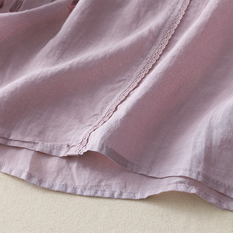 Camicia da donna in lino e cotone a mezza manica con scollo a V, ricamo a stella cadente Buddha Stones