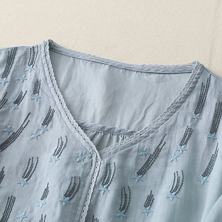 Camicia da donna in lino e cotone a mezza manica con scollo a V, ricamo a stella cadente Buddha Stones