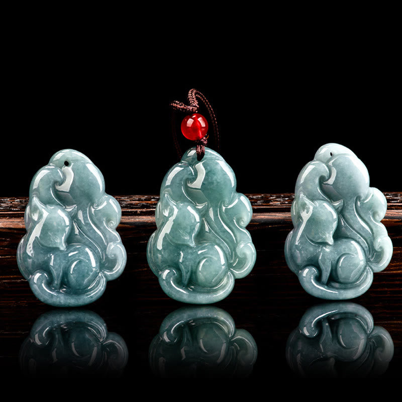 Collana con ciondolo a forma di fata della prosperità, volpe a nove code, in giada verde naturale, Buddha Stones