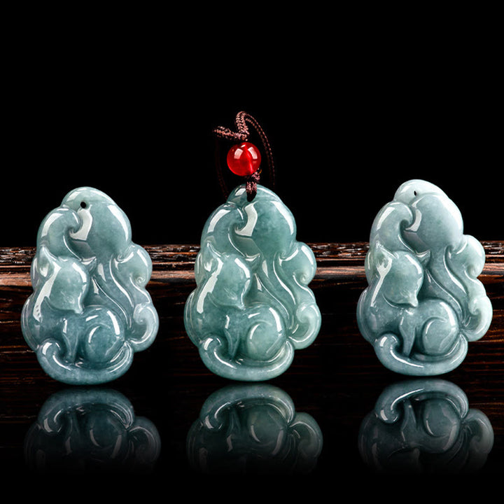 Collana con ciondolo a forma di fata della prosperità, volpe a nove code, in giada verde naturale, Buddha Stones