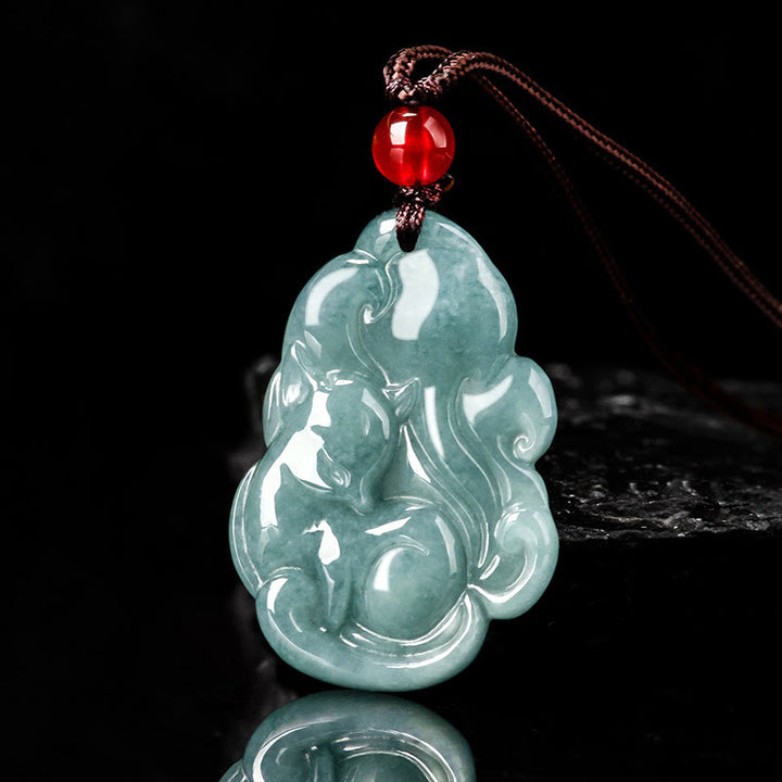 Collana con ciondolo a forma di fata della prosperità, volpe a nove code, in giada verde naturale, Buddha Stones