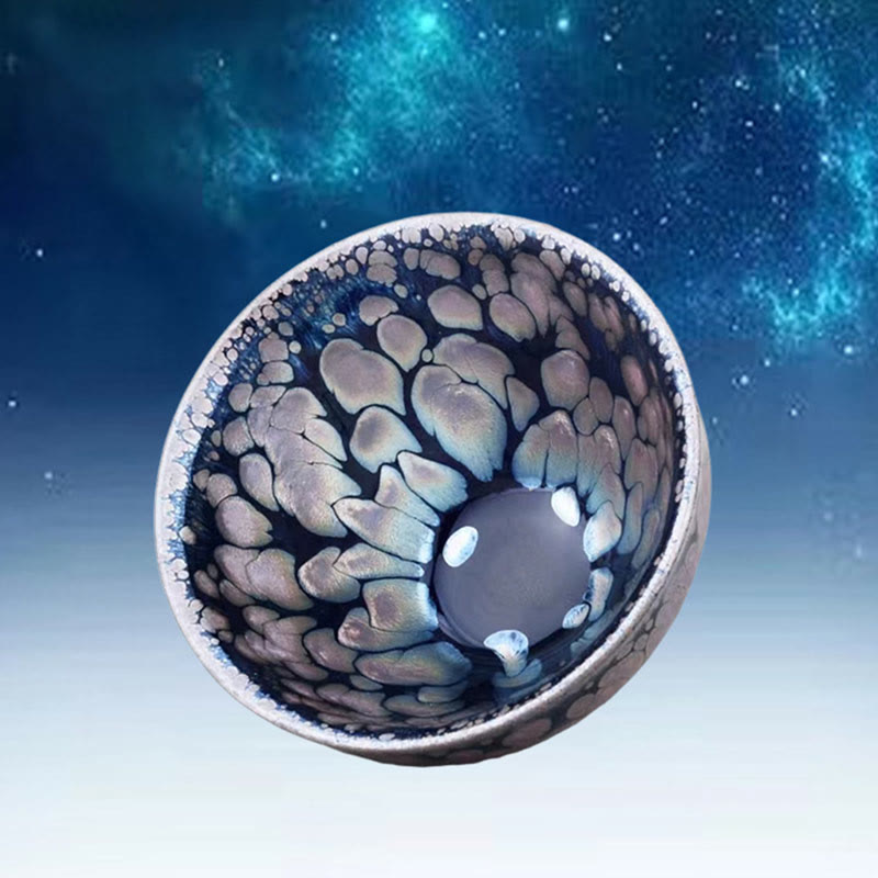 Tazza da tè in ceramica Jianzhan cinese fatta a mano con pois blu e viola, motivo Buddha Stones, Tenmoku Kung Fu, 150 ml