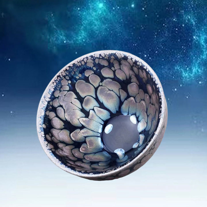 Tazza da tè in ceramica Jianzhan cinese fatta a mano con pois blu e viola, motivo Buddha Stones, Tenmoku Kung Fu, 150 ml