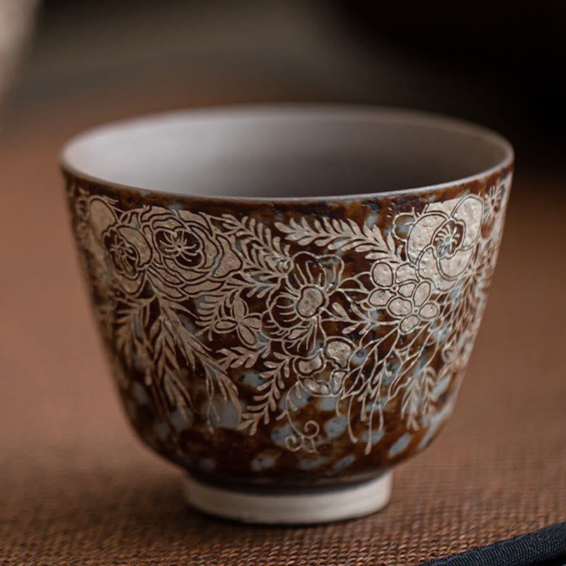 Tazza da tè Kung Fu Buddha Stones e fiori marroni in piena fioritura, 100 ml, con scatola regalo
