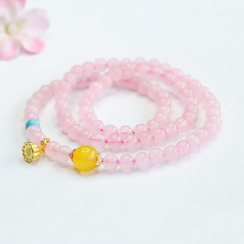 Bracciale Buddha Stones con cristalli rosa e calcedonio giallo multi-cerchio, calore del loto
