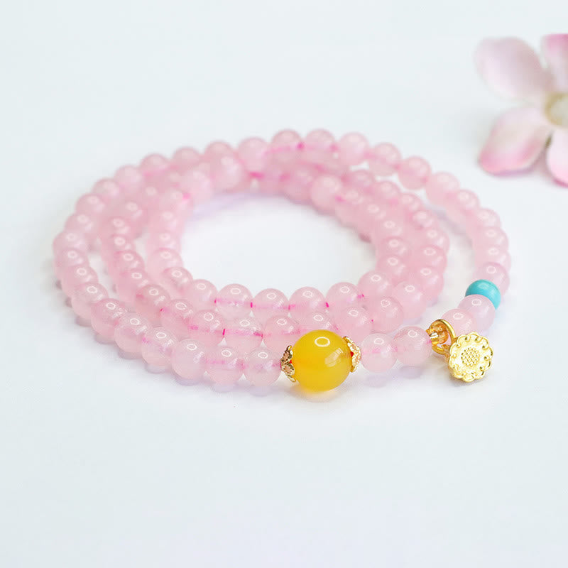 Bracciale Buddha Stones con cristalli rosa e calcedonio giallo multi-cerchio, calore del loto