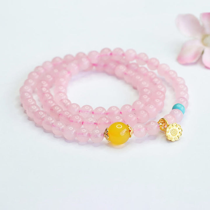 Bracciale Buddha Stones con cristalli rosa e calcedonio giallo multi-cerchio, calore del loto