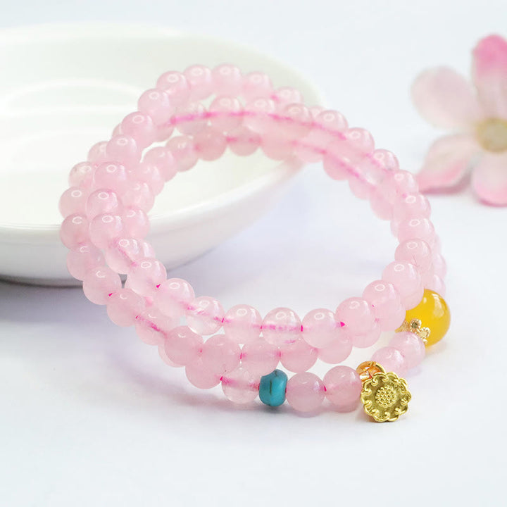 Bracciale Buddha Stones con cristalli rosa e calcedonio giallo multi-cerchio, calore del loto