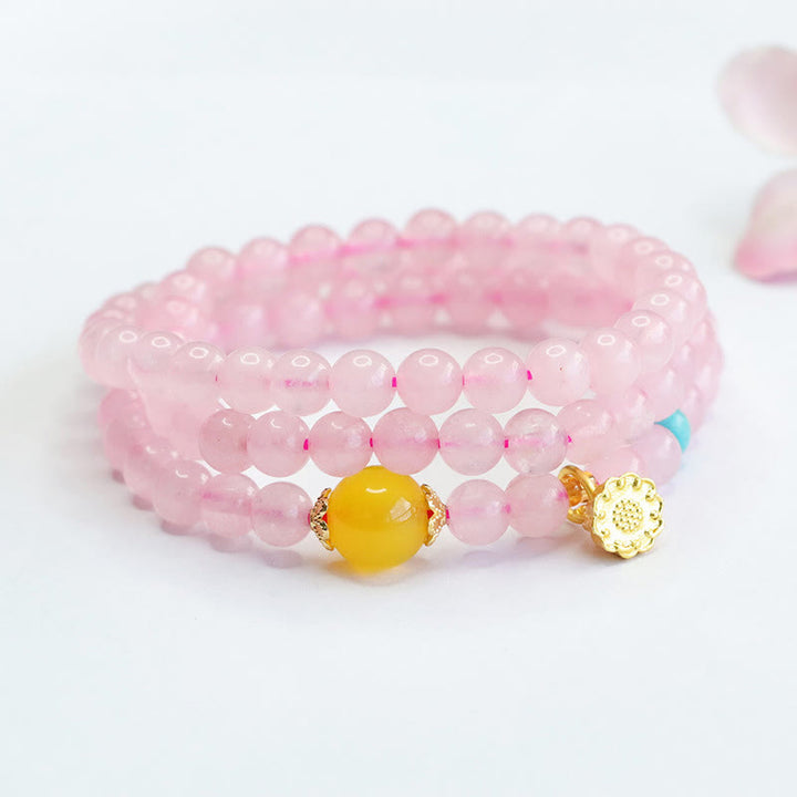 Bracciale Buddha Stones con cristalli rosa e calcedonio giallo multi-cerchio, calore del loto
