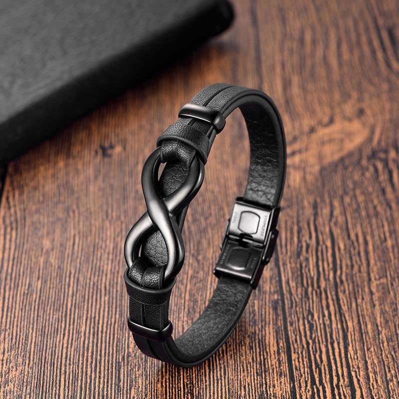 Bracciale Buddha Stones Endless Knot in acciaio al titanio con fibbia in pelle rinforzata