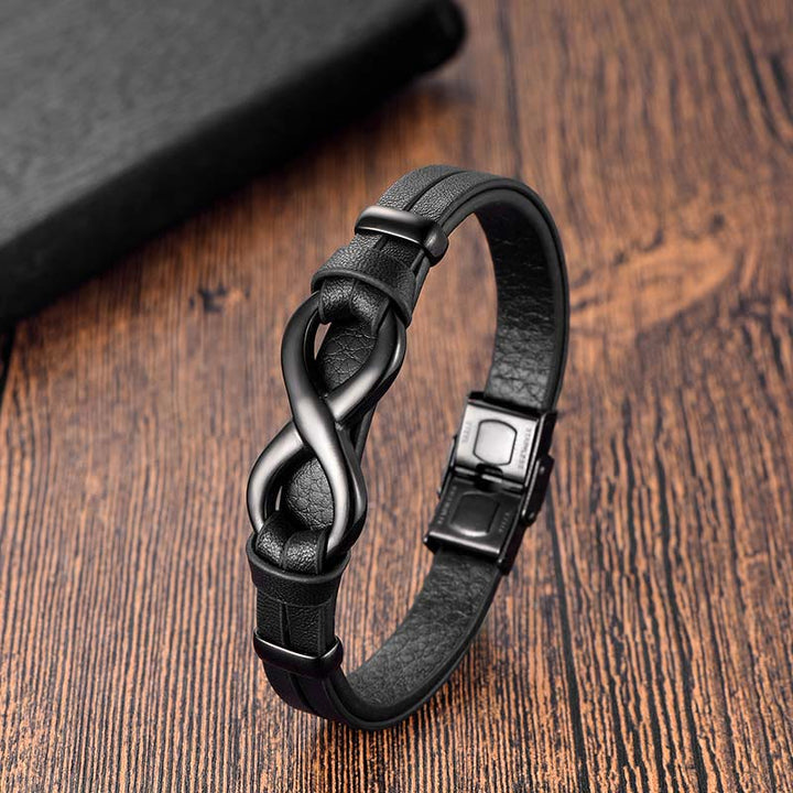 Bracciale Buddha Stones Endless Knot in acciaio al titanio con fibbia in pelle rinforzata