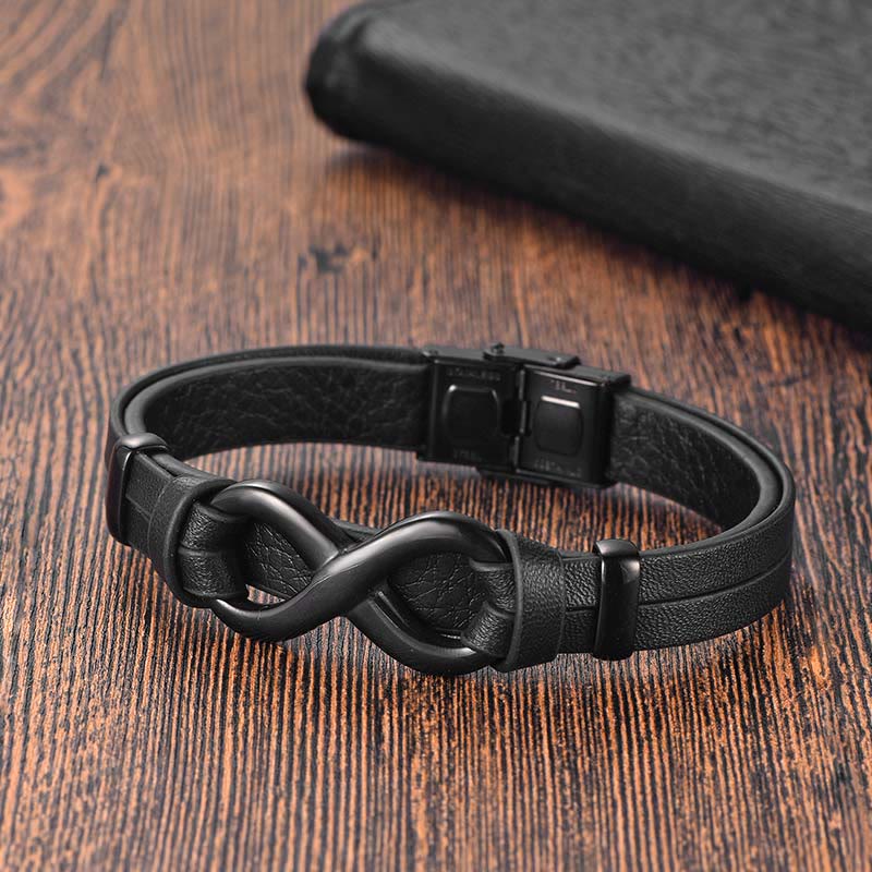 Bracciale Buddha Stones Endless Knot in acciaio al titanio con fibbia in pelle rinforzata