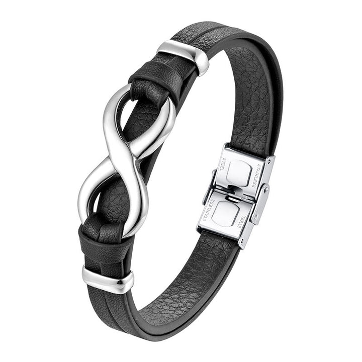 Bracciale Buddha Stones Endless Knot in acciaio al titanio con fibbia in pelle rinforzata