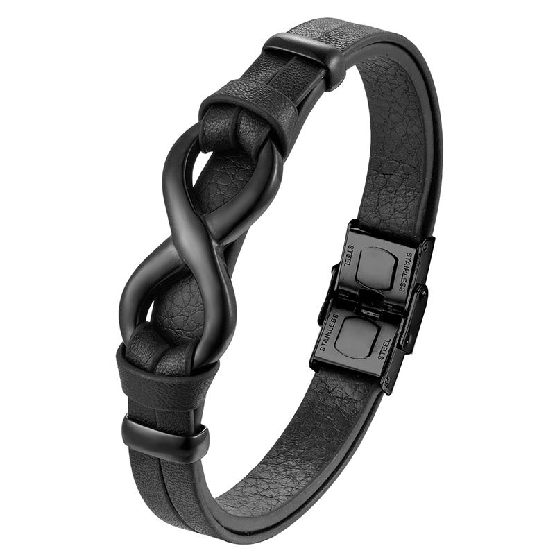 Bracciale Buddha Stones Endless Knot in acciaio al titanio con fibbia in pelle rinforzata