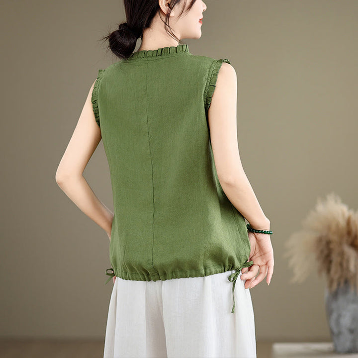 Canotta senza maniche da donna in cotone e lino con scollo rotondo, coulisse e design arricciato estivo Buddha Stones - image 2