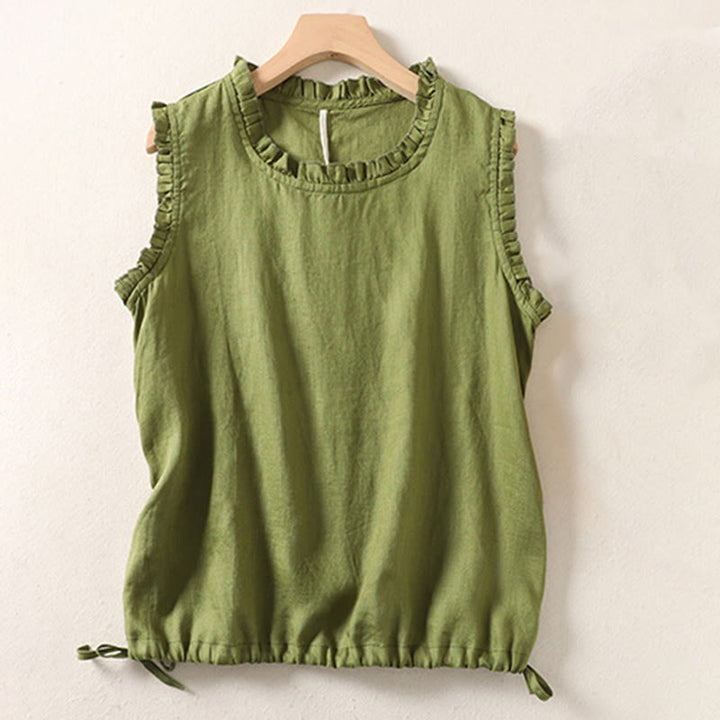 Canotta senza maniche da donna in cotone e lino con scollo rotondo, coulisse e design arricciato estivo Buddha Stones - image 13