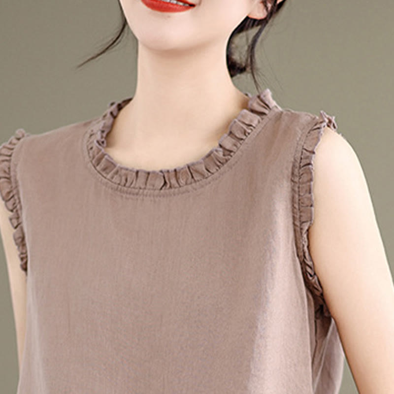 Canotta senza maniche da donna in cotone e lino con scollo rotondo, coulisse e design arricciato estivo Buddha Stones - image 18