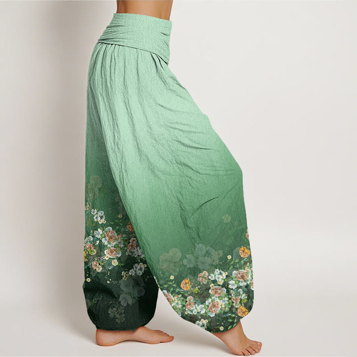 Pantaloni harem da donna con elastico in vita e motivo a fiori di rosa colorati con Buddha Stones - image 3