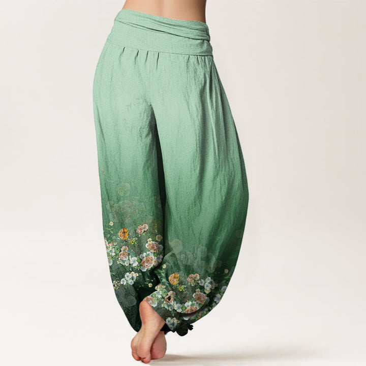 Pantaloni harem da donna con elastico in vita e motivo a fiori di rosa colorati con Buddha Stones - image 2