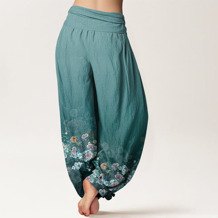 Pantaloni harem da donna con elastico in vita e motivo a fiori di rosa colorati con Buddha Stones - image 10