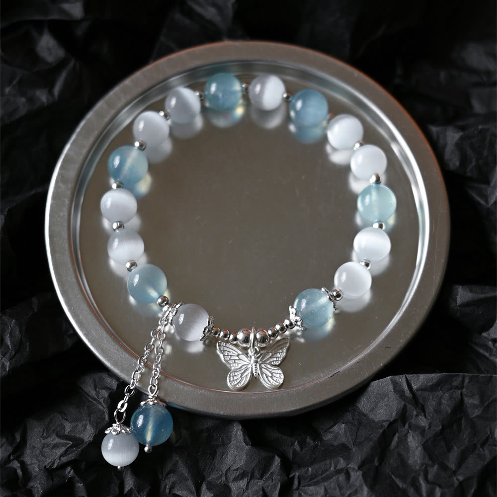 Bracciale di supporto con ciondolo a farfalla in acquamarina con occhio di gatto Buddha Stones