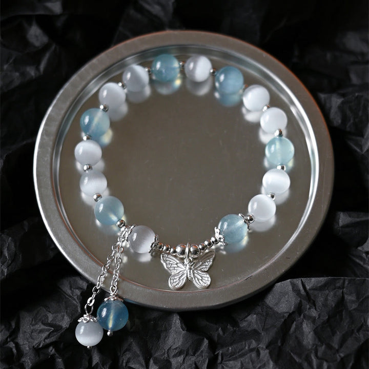 Bracciale di supporto con ciondolo a farfalla in acquamarina con occhio di gatto Buddha Stones